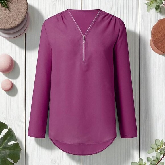 ποΈUltra-Chic Purple V-Neck Blouse with Zip Detail & Roll-Up Sleeves Trendy πβ¨ - Picture 5 of 13